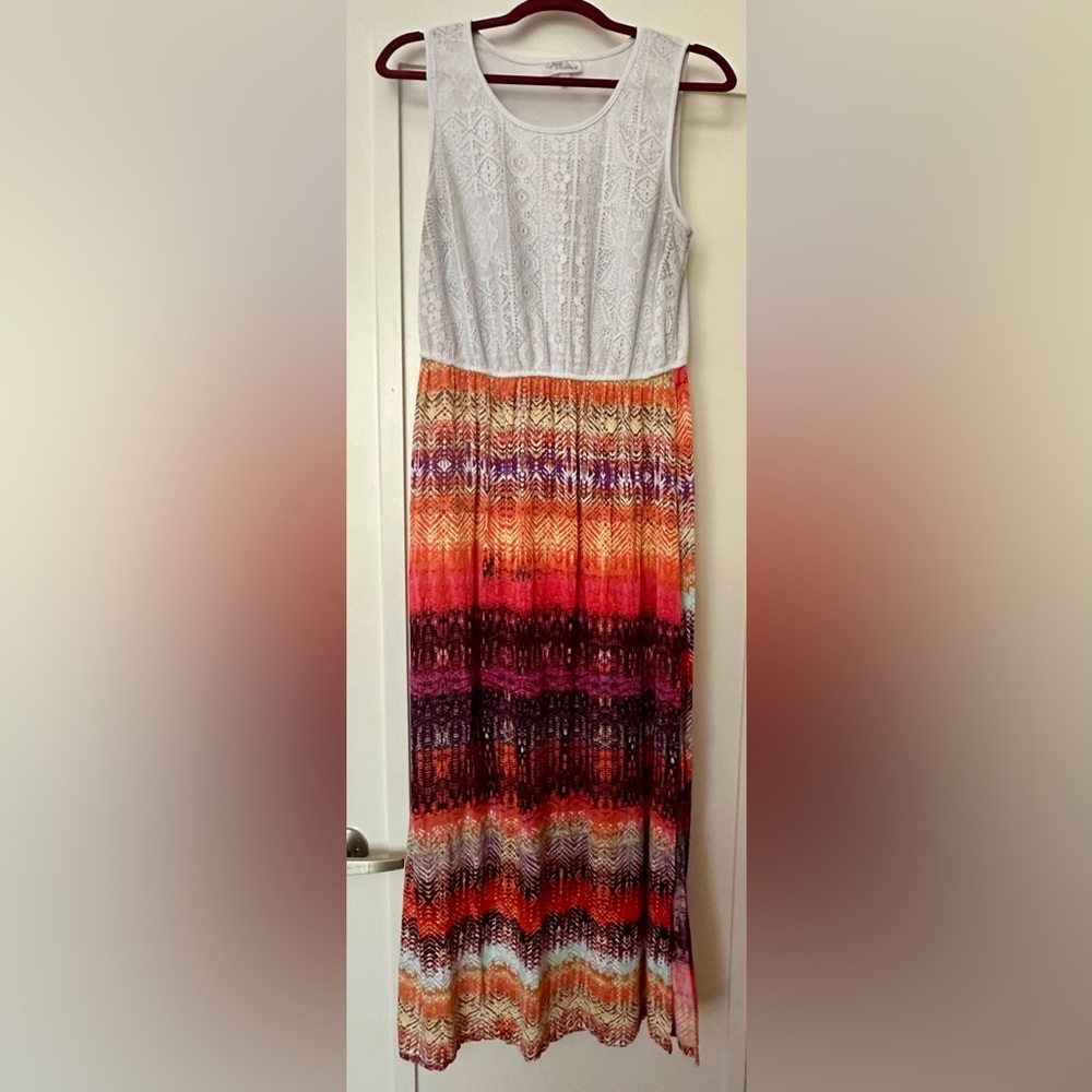 Allison Brittney Maxi Dress- white up top and colorful on the bottom- large